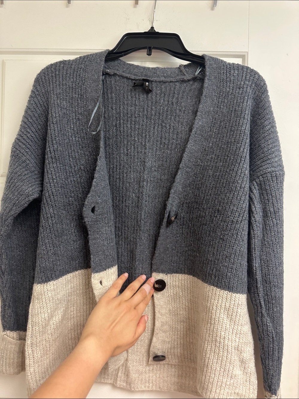 Gray and Cream Colorblock Open Cardigan Sweater